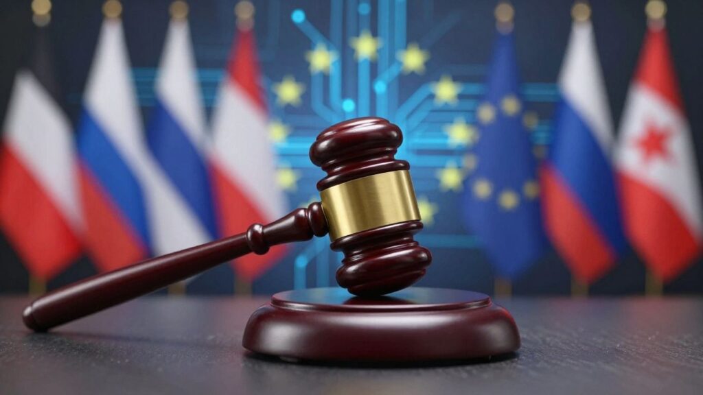 EU gavel and flags, AI technology backdrop.