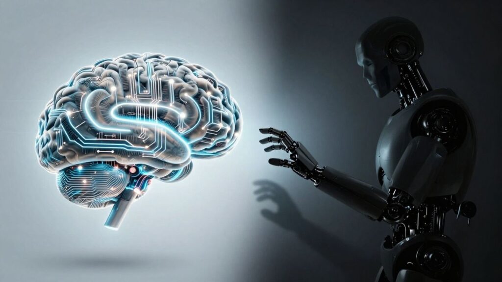 AI brain and menacing robot hand, split image.